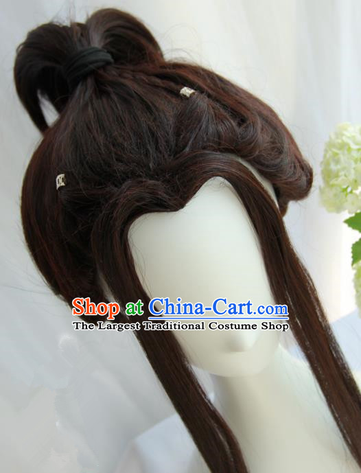 Handmade Chinese Traditional Hanfu Red Wigs Sheath Ancient Swordswoman Chignon for Women