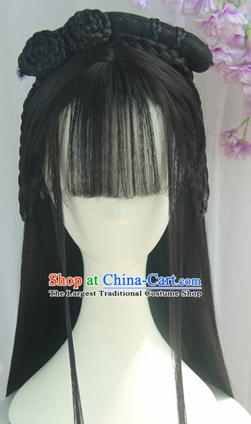 Handmade Chinese Ancient Tang Dynasty Princess Blunt Bangs Chignon Traditional Hanfu Wigs Sheath for Women