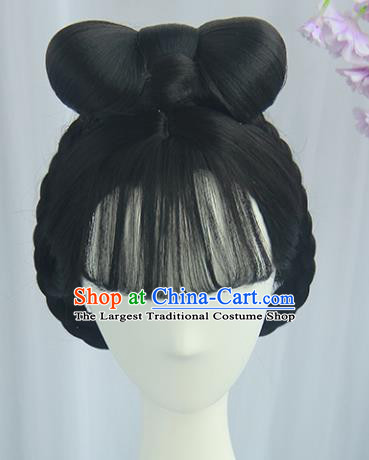 Handmade Chinese Ancient Tang Dynasty Court Maid Headpiece Chignon Traditional Hanfu Blunt Bangs Wigs Sheath for Women