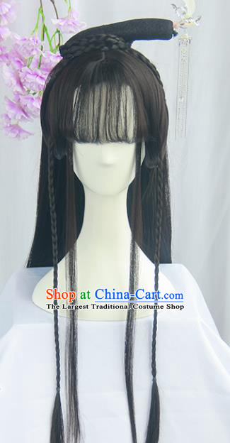 Handmade Chinese Ancient Ming Dynasty Princess Headpiece Chignon Traditional Hanfu Blunt Bangs Wigs Sheath for Women