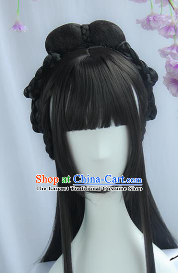 Handmade Chinese Ancient Peri Headpiece Chignon Traditional Hanfu Blunt Bangs Wigs Sheath for Women