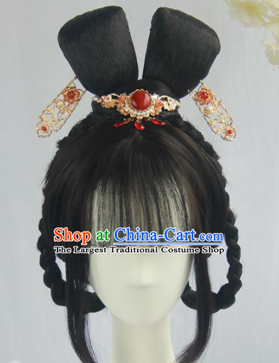 Handmade Chinese Ancient Song Dynasty Princess Headpiece Chignon Traditional Hanfu Blunt Bangs Wigs Sheath for Women