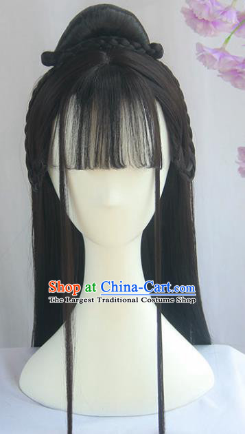 Handmade Chinese Ancient Song Dynasty Headpiece Chignon Traditional Hanfu Blunt Bangs Wigs Sheath for Women