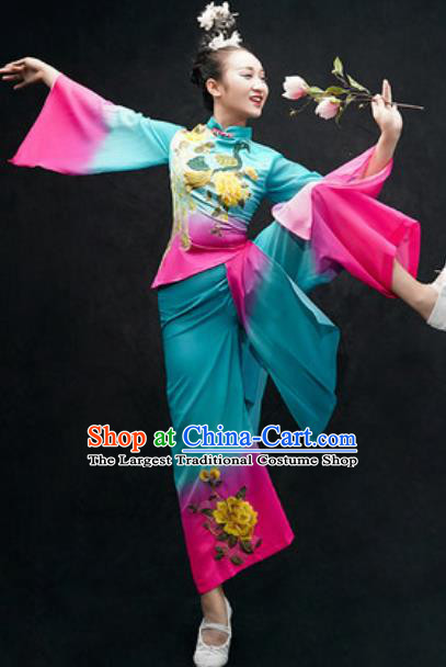 Chinese Classical Dance Costume Traditional Umbrella Dance Blue Clothing for Women