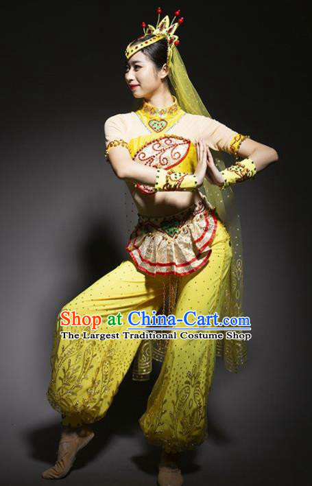 Chinese Uyghur Nationality Ethnic Dance Costume Traditional Indian Dance Yellow Clothing for Women