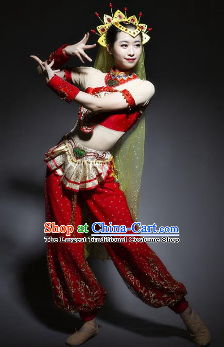 Chinese Uyghur Nationality Ethnic Dance Costume Traditional Indian Dance Red Clothing for Women