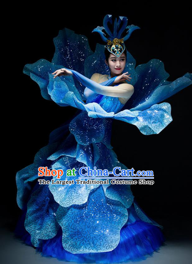 Chinese Modern Dance Peony Dance Stage Costume Traditional Spring Festival Gala Opening Dance Royalblue Dress for Women