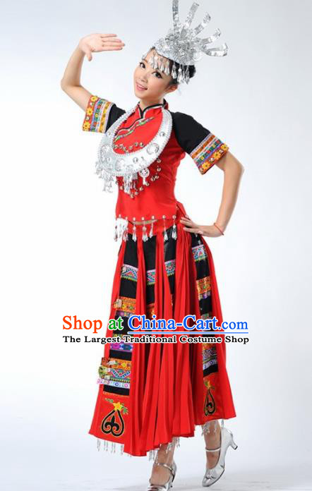 Chinese Traditional Miao Nationality Ethnic Dance Costume Minority Folk Dance Red Dress for Women