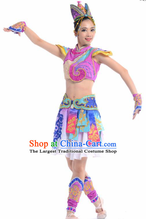 Chinese Traditional Mongol Nationality Ethnic Dance Purple Costume Minority Folk Dance Dress for Women