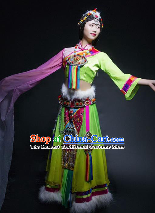 Chinese Traditional Zang Nationality Ethnic Dance Costume Tibetan Minority Folk Dance Green Dress for Women