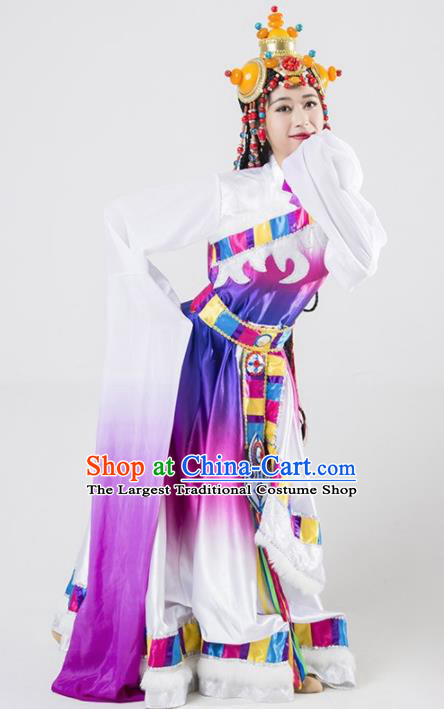 Chinese Traditional Zang Nationality Ethnic Dance Costume Tibetan Minority Folk Dance Purple Dress for Women