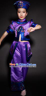 Chinese Daur Nationality Stage Performance Costume Traditional Ethnic Minority Purple Clothing for Kids