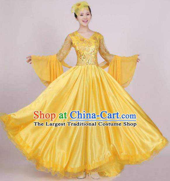 Top Grade Stage Performance Yellow Dress Compere Modern Dance Fancywork Modern Costume for Women