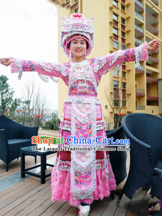 Traditional Chinese Minority Ethnic Folk Dance Pink Dress Miao Nationality Stage Performance Costume and Hat for Women