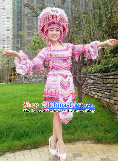 Traditional Chinese Minority Ethnic Bride Folk Dance Pink Short Dress Miao Nationality Stage Performance Costume and Hat for Women