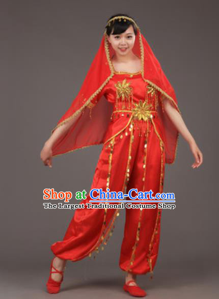 Chinese Uyghur Nationality Ethnic Red Costume Traditional Minority Folk Dance Stage Performance Clothing for Women