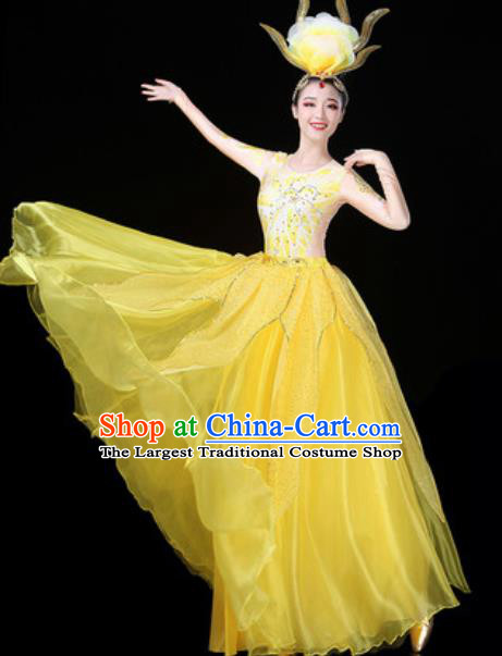 Traditional Chinese Opening Dance Yellow Veil Dress Modern Dance Stage Performance Costume for Women