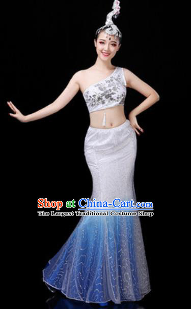 Traditional Chinese Minority Ethnic Peacock Dance White Dress Dai Nationality Stage Performance Costume for Women