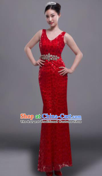 Top Grade Modern Fancywork Red Full Dress Modern Dance Compere Costume for Women