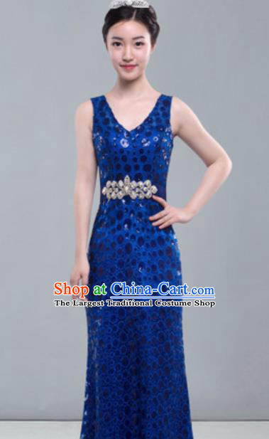 Top Grade Modern Fancywork Royalblue Full Dress Modern Dance Compere Costume for Women