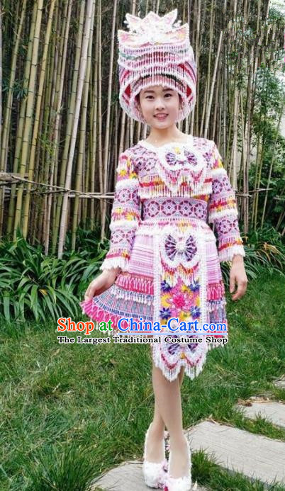 Chinese Traditional Miao Nationality Light Purple Short Dress Minority Ethnic Folk Dance Costume for Women