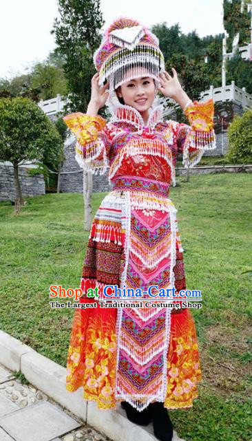 Traditional Chinese Miao Nationality Folk Dance Embroidered Red Dress Minority Ethnic Wedding Stage Performance Costume for Women