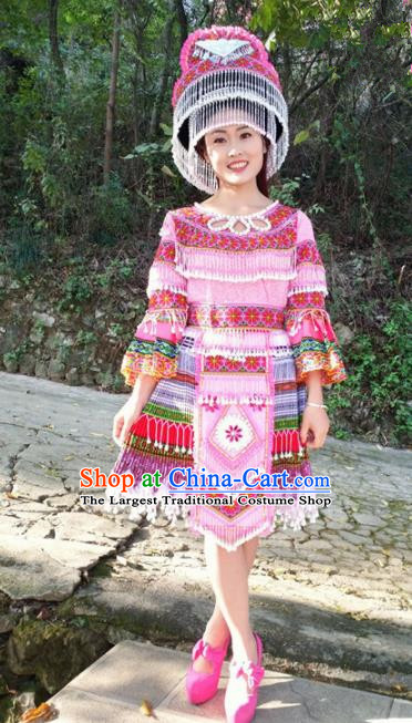 Chinese Traditional Miao Nationality Pink Short Dress Minority Ethnic Folk Dance Costume for Women