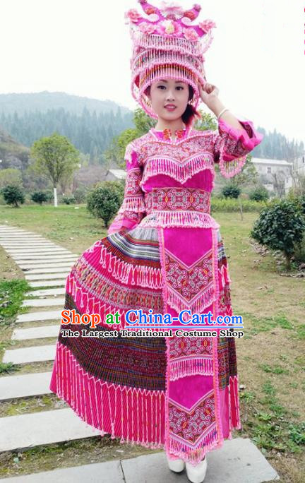 Traditional Chinese Minority Ethnic Folk Dance Rosy Dress Miao Nationality Stage Performance Costume and Hat for Women