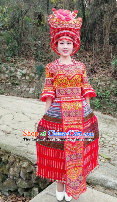 Traditional Chinese Minority Ethnic Folk Dance Embroidery Red Dress Miao Nationality Stage Performance Costume and Hat for Women