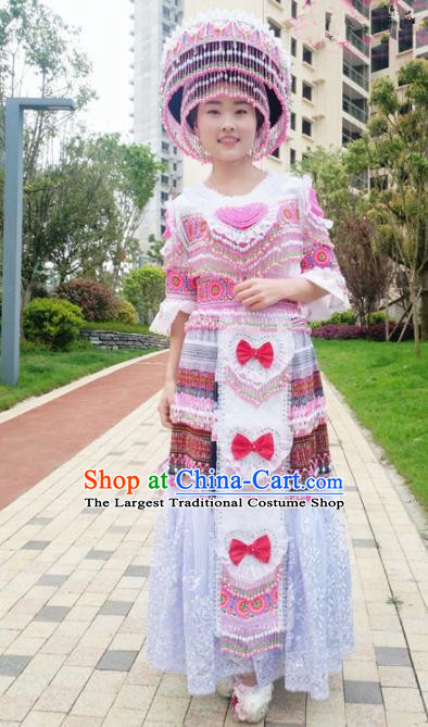 Traditional Chinese Minority Ethnic Folk Dance Embroidery White Dress Miao Nationality Stage Performance Costume and Hat for Women