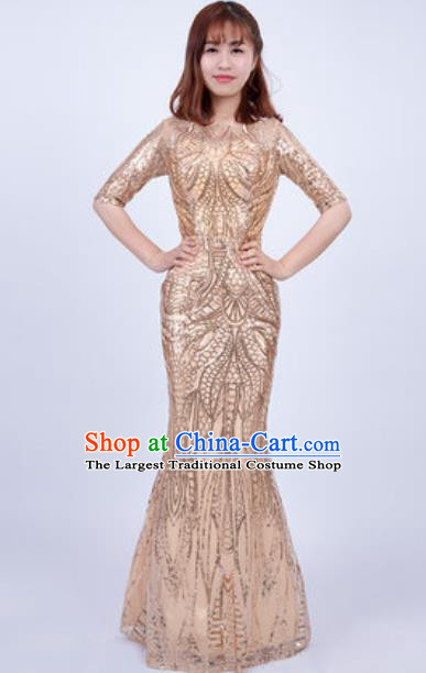 Top Grade Stage Performance Golden Full Dress Compere Modern Fancywork Modern Dance Costume for Women