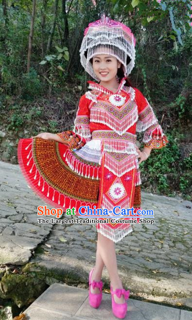 Traditional Chinese Miao Nationality Female Embroidered Red Short Dress Minority Ethnic Folk Dance Stage Performance Costume for Women