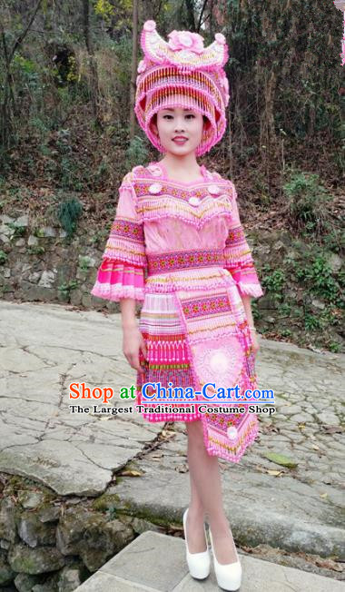 Traditional Chinese Miao Nationality Female Embroidered Pink Short Dress Minority Ethnic Folk Dance Stage Performance Costume for Women