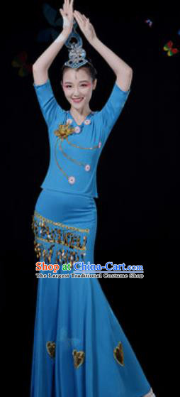 Traditional Chinese Minority Ethnic Peacock Dance Blue Dress Dai Nationality Stage Performance Costume for Women