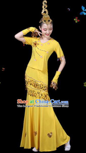 Traditional Chinese Minority Ethnic Peacock Dance Yellow Dress Dai Nationality Stage Performance Costume for Women