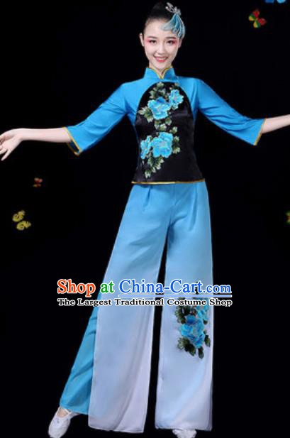 Traditional Chinese Group Dance Yangko Blue Clothing Folk Dance Fan Dance Stage Performance Costume for Women