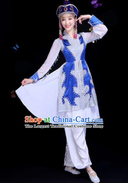 Traditional Chinese Minority Ethnic Blue Dress Mongol Nationality Dance Stage Performance Costume for Women