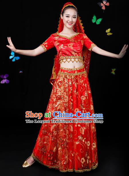 Traditional Chinese Minority Ethnic Red Dress Uyghur Nationality Folk Dance Stage Performance Costume for Women