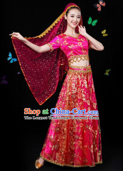 Traditional Chinese Minority Ethnic Rosy Dress Uyghur Nationality Folk Dance Stage Performance Costume for Women