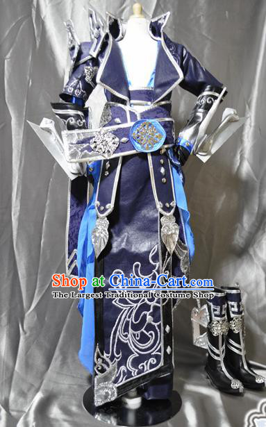 Traditional Chinese Cosplay Swordsman Purple Armor Hanfu Clothing Ancient Prince Embroidered Costume for Men