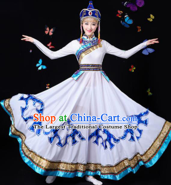 Traditional Chinese Minority Ethnic White Dress Mongol Nationality Folk Dance Stage Performance Costume for Women