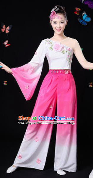 Traditional Chinese Yangko Dance Rosy Clothing Folk Dance Fan Dance Stage Performance Costume for Women