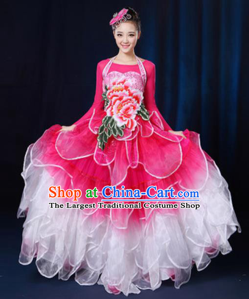 Traditional Chinese Modern Dance Peony Dance Rosy Dress Spring Festival Gala Opening Dance Stage Performance Costume for Women