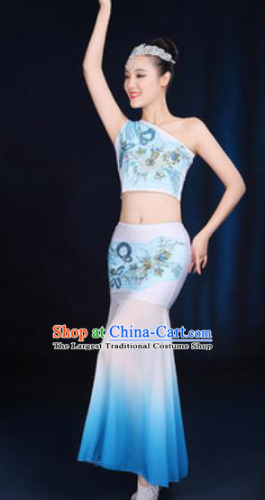 Traditional Chinese Minority Ethnic Blue Dress Dai Nationality Peacock Dance Stage Performance Costume for Women