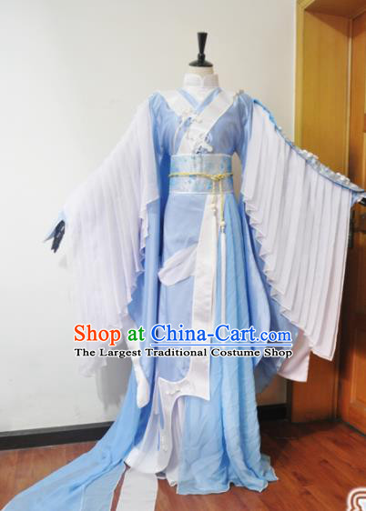 Traditional Chinese Cosplay Court Princess Blue Hanfu Dress Ancient Swordswoman Embroidered Costume for Women