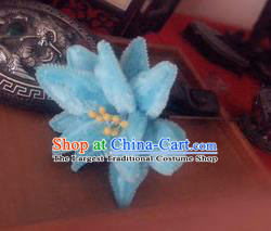 Traditional Chinese Qing Dynasty Blue Velvet Lotus Hairpins Handmade Ancient Manchu Lady Hair Accessories for Women