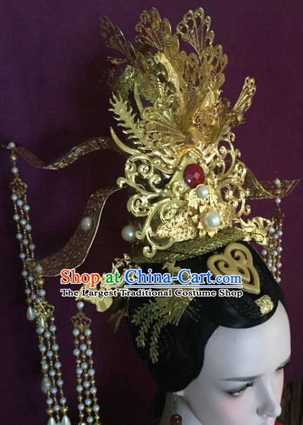 Traditional Chinese Tang Dynasty Queen Golden Phoenix Coronet Hairpins Handmade Ancient Palace Hair Accessories for Women