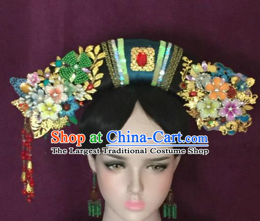 Traditional Chinese Qing Dynasty Imperial Consort Flowers Tassel Headwear Ancient Manchu Lady Hair Accessories for Women