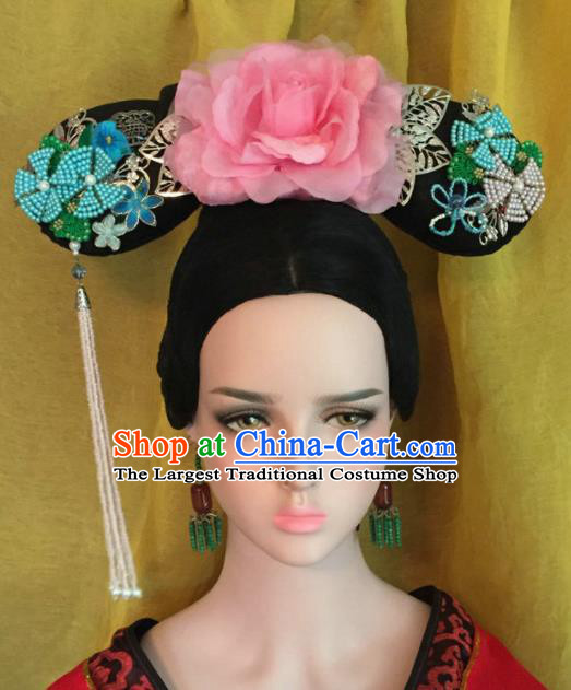 Traditional Chinese Qing Dynasty Imperial Consort Pink Peony Headwear Ancient Manchu Lady Hair Accessories for Women