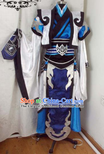 Traditional Chinese Cosplay Royal Highness Blue Clothing Ancient Swordsman Embroidered Costume for Men